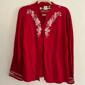 Emma James Embroidered Rose Red Button Down Blouse Size 14